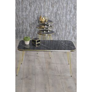 Bijzettafel en Middentafel - Goudchromen Poot - Salontafel Set - Marmeren Look - Set van 4 - Luxe Design - Zwart en Marmer - Bijzettafel - Woonkamer Tafel - Salon Tafel