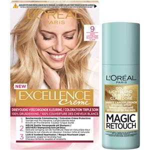 L'Oréal Excellence Creme 9 Zeer Licht Blond + Magic Retouch Uitgroeispray Blond 75 ml Pakket