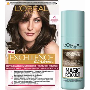 L'Oréal Excellence Creme Haarverf 4 Middenbruin + Magic Retouch Uitgroeispray Middenbruin 75 ml Pakket