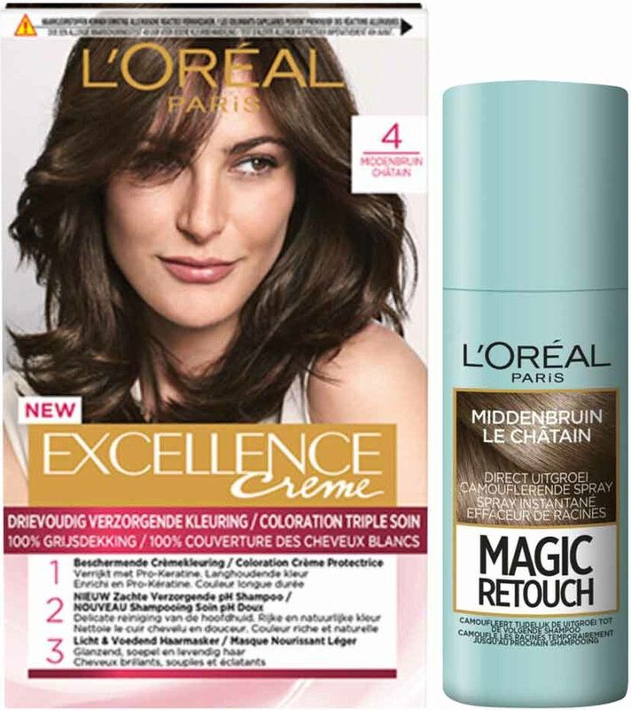 L'Oréal - Excellence Crème Haarverf - Middenbruin - Magic Retouch Uitgroeispray - 75 ml