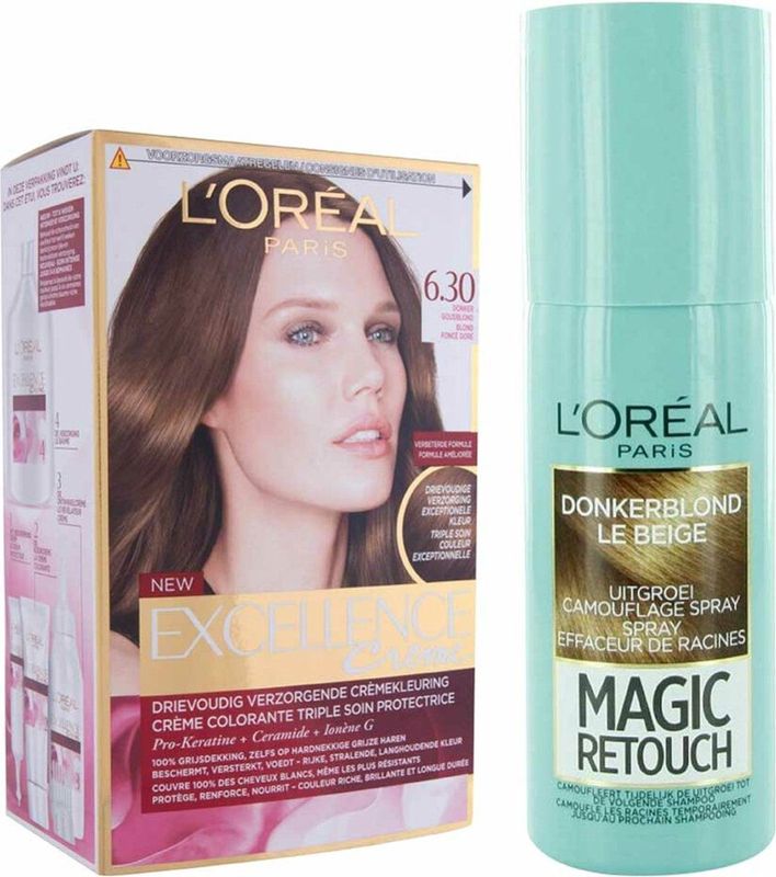 L'Oréal - Excellence Crème 6.3 - Haarverf - Donker Goudblond - Inclusief Magic Retouch Spray Donkerblond 75ml