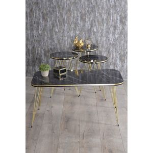 Bijzettafel en Middentafel - Goudchromen Poot - Salontafel Set - Marmeren Look - Set van 4 - Luxe Design - Zwart en Marmer - Bijzettafel - Woonkamer Tafel - Salon Tafel