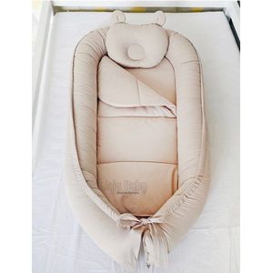 SNS Baby - Babynestje en Hoofdkussen - Organische Katoen - Antibacterieel Babynestje - Anti-Allergisch Babynestje - Lichtbruin - 74 x 40 cm