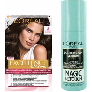 L'Oréal Excellence Crèmekleuring 3 Donkerbruin 1x & Magic Retouch Uitgroeispray Bruin 1x 75 ml Pakket