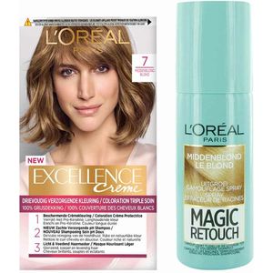 L'Oréal Excellence Crèmekleuring 7 Middenblond 1x & Magic Retouch Uitgroeispray Middenblond 1x 75 m Pakket
