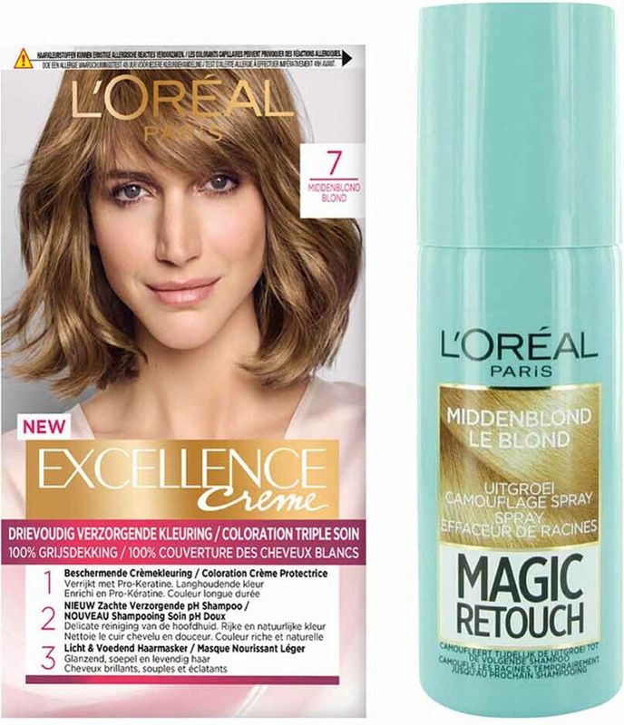 L'Oréal Excellence Crèmekleuring 7 Middenblond 1x & Magic Retouch Uitgroeispray Middenblond 1x 75 m Pakket