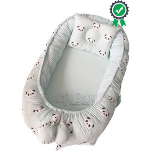 SNS Baby - Babynestje en Hoofdkussen - Organische Katoen - Antibacterieel Babynestje - Anti-Allergisch Babynestje - Groen Panda Design - Lux Orthopedisch - 74 x 40 cm