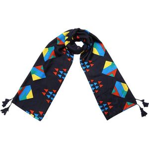 Een opvallende sjaal die gemakkelijk te combineren is. Uitgevoerd met kleurrijke figuren op een donkerblauwe ondergrond. Met leuke kwastjes aan de hoeken van de sjaal. Voor uzelf of Bestel een Kado