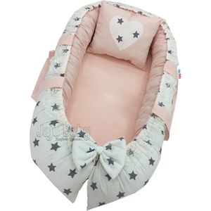 SNS Baby - Babynestje en Hoofdkussen - Organische Katoen - Antibacterieel Babynestje - Anti-Allergisch Babynestje - Witte Achtergrond Grijze Ster - 74 x 40 cm