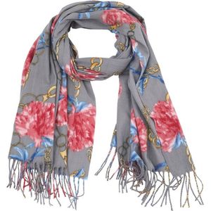 Een comfortabele en zachte sjaal met een mooie print van goudgeelkleurige kettingen en rode/roze bloemen op een grijze ondergrond. De print op de sjaal kan afwijken van de foto. Voor uzelf of Bestel Een Kado.