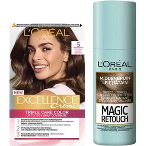 L'Oréal Excellence Creme 5 Lichtbruin + Magic Retouch Uitgroeispray Middenbruin 75 ml Pakket