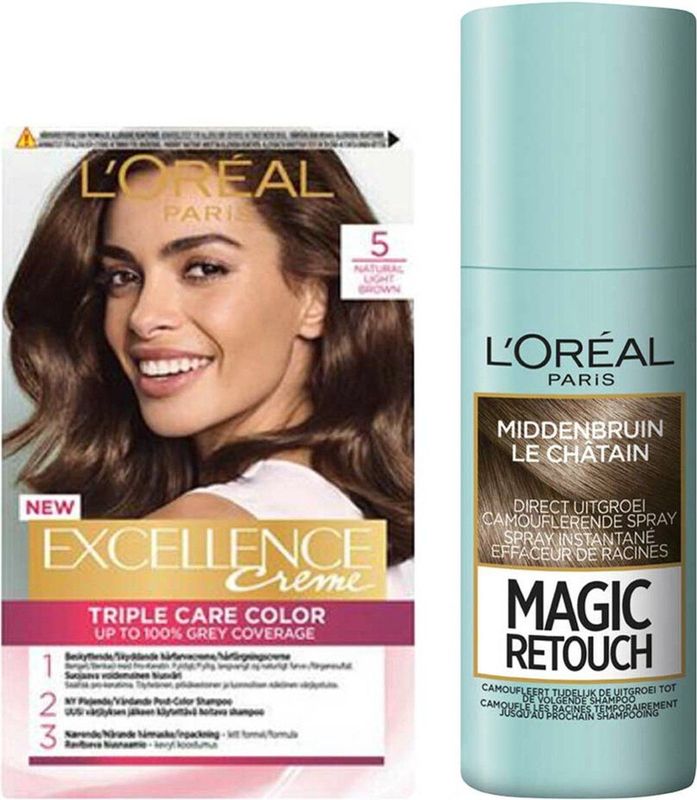 L'Oréal Excellence Creme 5 Lichtbruin + Magic Retouch Uitgroeispray Middenbruin 75 ml Pakket