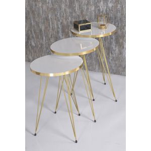 Bijzettafel - Gouden Wit Patroon - Bijzettafels - Salontafelset - Set van 3 - Luxe Design - Bijzettafel - Salontafel in de woonkamer - 34X34 cm