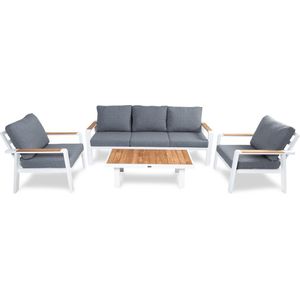 Belito® Birmingham Loungeset Aluminium Wit - Tuinset 5 persoons - Stoel-Bank Loungeset - Antraciet Roestvrij Frame - Waterafstotende Olefin Kussens - Teakhout