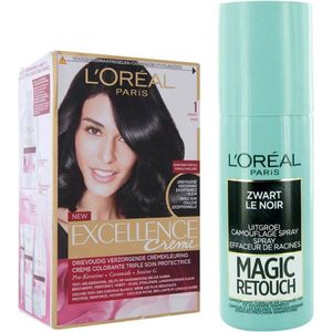 L'Oréal - Excellence Crème 1 - Haarverf - Zwart - 1 Pakket met Magic Retouch Spray 75 ml