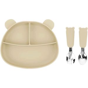 Beervorm Kinderbord Beige met Bestek - Baby bord met Zuignap - Kinderservies