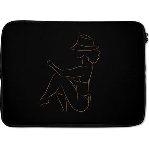 Laptophoes 14 inch - Vrouw - Hoed - Goud - Line art - Laptop sleeve - Binnenmaat 34x23,5 cm - Zwarte achterkant