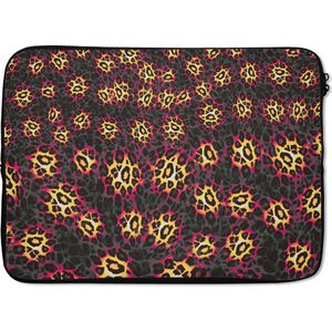 Laptophoes 13 inch - Panterprint - Design - Geel - Roze - Laptop sleeve - Binnenmaat 32x22,5 cm - Zwarte achterkant
