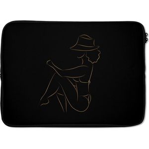 Laptophoes 13 inch - Vrouw - Hoed - Goud - Line art - Laptop sleeve - Binnenmaat 32x22,5 cm - Zwarte achterkant