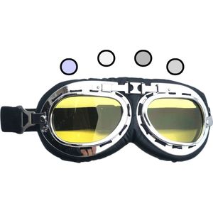 CRG Motorbril Chrome- Retro Motorbril voor Heren - Vintage Motorbrillen- Geel glas