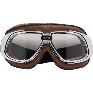 CRG chrome, bruin leren motorbril - helder glas