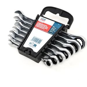 HBM - 7 Delige Ring-Ratel-Steeksleutelset - Gekantelde Kop - Hoogwaardig Materiaal