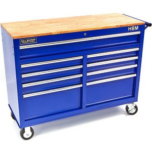 HBM verrijdbare gereedschapswagen, werkbank met houten werkblad 117 cm, blauw