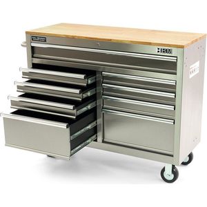 HBM mobiler Werkzeugwagen mit Holzarbeitsplatte, 117 cm, Edelstahl
