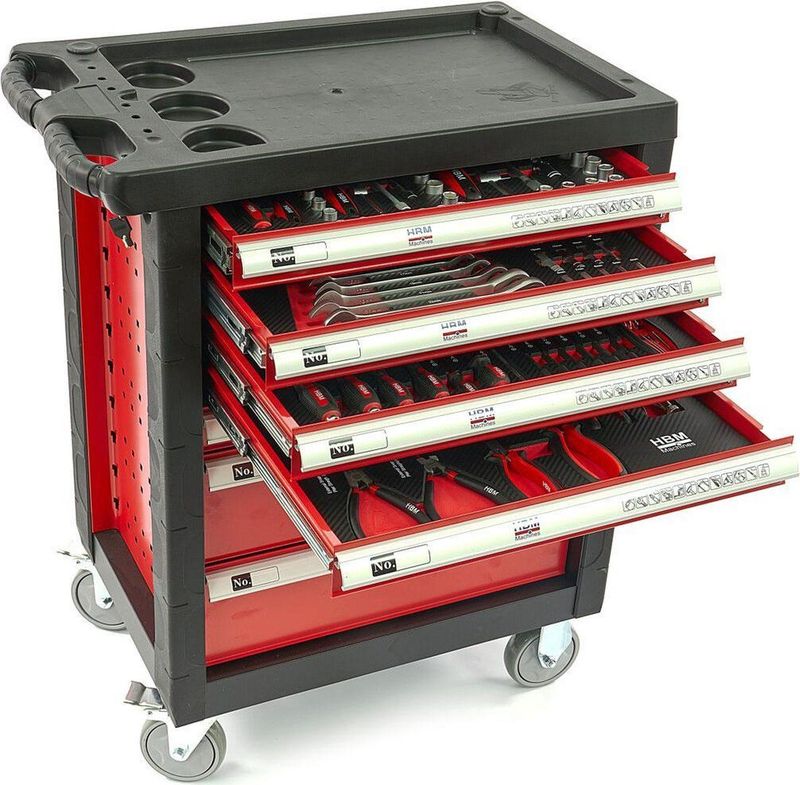 HBM - 154-delige Gereedschapswagen - Rood - Duurzame Carbon Look Inlays