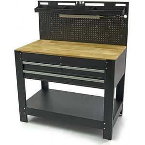 HBM 115 Cm. Werkbank mit Holzarbeitsplatte, Rückwand, Led-Beleuchtung, 20 Haken und 3 Ablagefächer