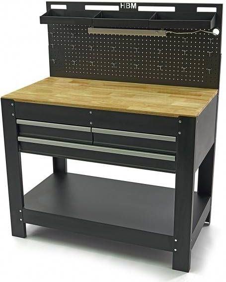 HBM - Werkbank - Houten Werkblad - Inclusief Achterwand en LED Verlichting