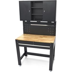HBM 115 Cm. Werkbank Met Houten Werkblad, Achterwand Met Kastenwand, Led Verlichting , Stekkerdoos e