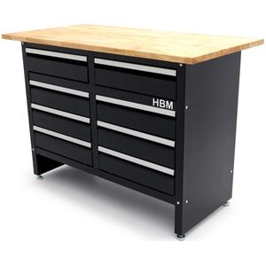 Gereedschapswagen - 120 Cm - 8 Laden - Massief Houten Werkblad - Zwart