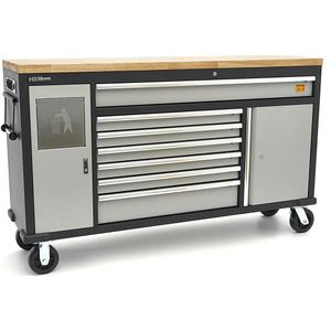 HBM - Professionele Verrijdbare Gereedschapswagen - 168 Cm - Werkbank Met Massief Houten Werkblad