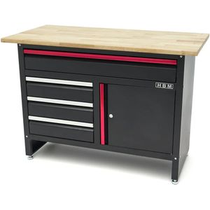 HBM - 120 cm Werkbank - Zwart - Houten Blad - 4 Laden - 1 Deur