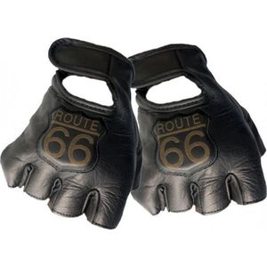 Leren handschoenen zonder vingers (mofjes) met Route 66 afbeelding maat XS