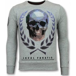 Doodskop Trui - Skull Rhinestone Heren Sweater - Grijs