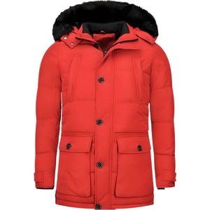 Enos - Lange Winterjas - Rood - Heren Parka met Bontkraag