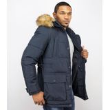 Enos - Lange Heren Winterjas - Blauw - Nep Bont - Slim Fit