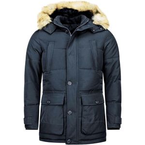 Enos - Lange Heren Winterjas - Blauw - Nep Bont - Slim Fit