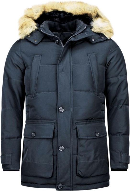 Enos - Lange Heren Winterjas - Blauw - Nep Bont - Slim Fit