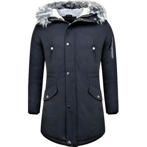 Lange Winterjas Heren - Gewatteerde Jassen - Winterjas Heren Bontkraag - Zwarte Jas