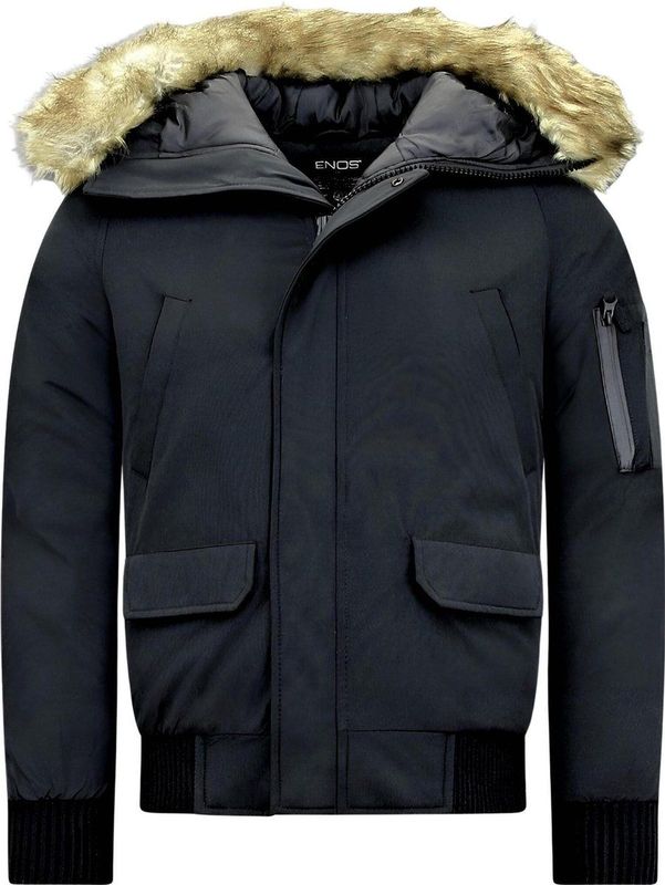 Korte Heren Winterjas - Met Faux Bontkraag - Zwart