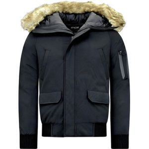 Enos - Korte Winterjas - Zwart - Katoen/Polyester - Faux Bontkraag