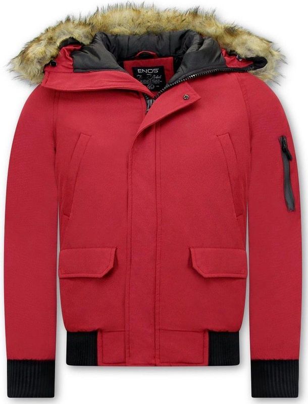 Korte Heren Winterjas - Met Faux Bontkraag - Rood