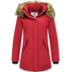 Dames Winterjas met Imitatie Bontkraag - Slim Fit - Rood