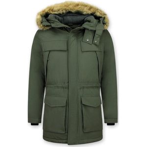 Enos - Parka Jas - Groen - Polyester - Slim Fit Met Bontkraag