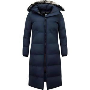 Winterjas Dames - Extra Lang - met Nep Bontkraag - Blauw