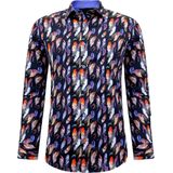 Tony Backer - Luxe Satijn Heren Blouse - Vogel Veer Print - Lange Mouwen