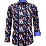 Tony Backer - Luxe Satijn Heren Blouse - Vogel Veer Print - Lange Mouwen